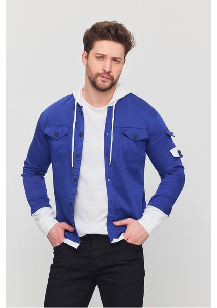 Erkek Slim Fit Dar Kalıp Kapüşonlu Detaylı Kot Gömlek