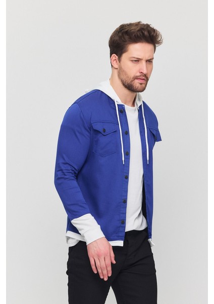Erkek Slim Fit Dar Kalıp Kapüşonlu Detaylı Kot Gömlek