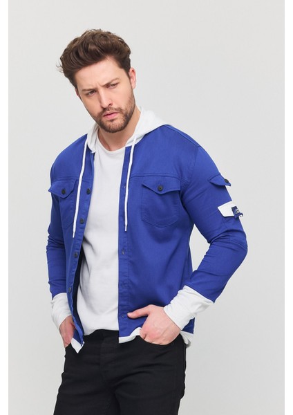 Erkek Slim Fit Dar Kalıp Kapüşonlu Detaylı Kot Gömlek