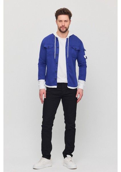 Erkek Slim Fit Dar Kalıp Kapüşonlu Detaylı Kot Gömlek