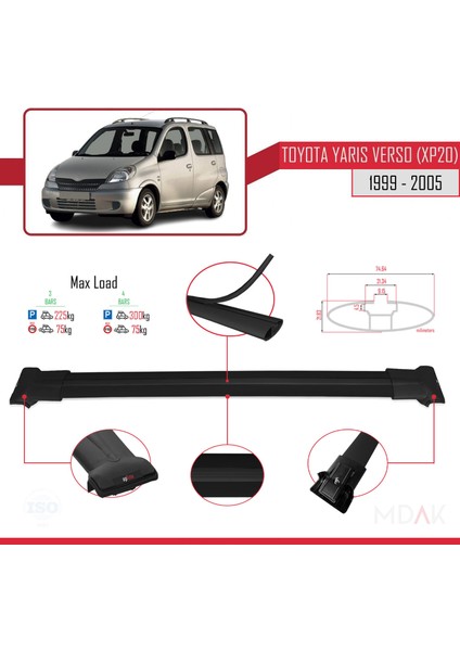 Toyota Yaris Verso (XP20) 1999-2005 Arası ile Uyumlu Fly Model Ara Atkı Tavan Barı Siyah 3 Adet modelleri