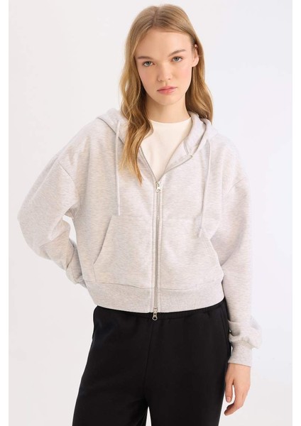 Yeni Sezon Coool Standart Fit Kapüşonlu Basic Düz Kanguru Cepli Fermuarlı Sweatshirt