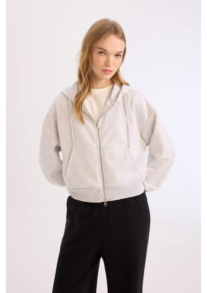 Yeni Sezon Coool Standart Fit Kapüşonlu Basic Düz Kanguru Cepli Fermuarlı Sweatshirt