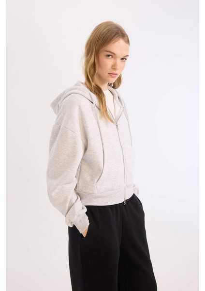 Yeni Sezon Coool Standart Fit Kapüşonlu Basic Düz Kanguru Cepli Fermuarlı Sweatshirt