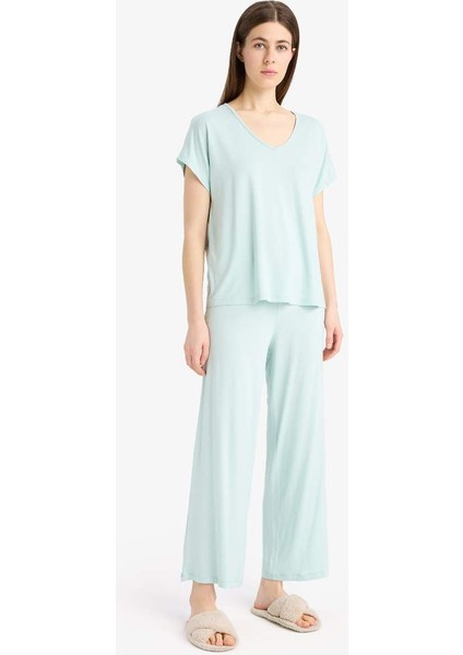 Yeni Sezon Pijama Takımı Viskon Kısa Kollu Üst Esnek Belli Uzun Altı-Fall In Love