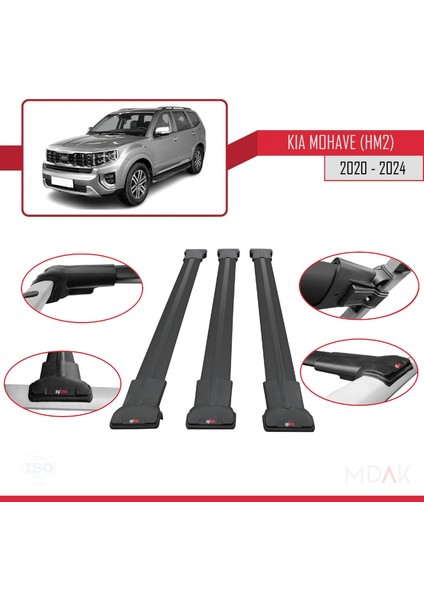Kia Mohave 2 (Hm2) 2020-2024 Arası ile Uyumlu Fly Model Ara Atkı Tavan Barı Siyah 3 Adet