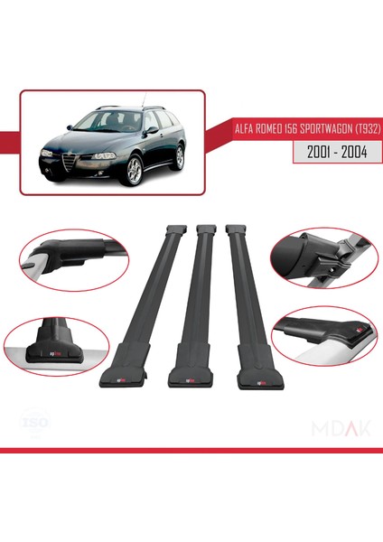 Alfa Romeo 156 (T932) Sw 2000-2006 Arası ile Uyumlu Fly Model Ara Atkı Tavan Barı Siyah 3 Adet fırsatları