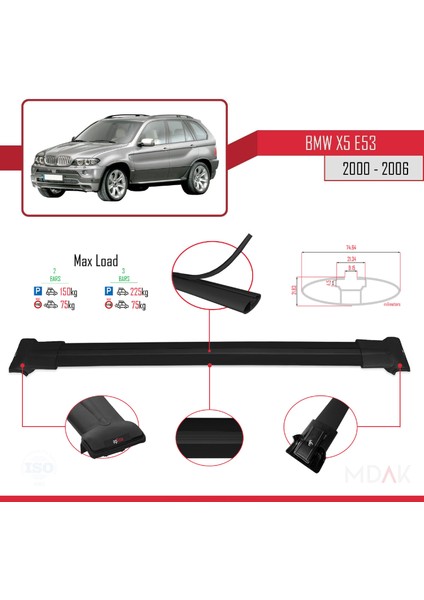 Bmw X5 (E53) 2000-2006 Arası ile Uyumlu Fly Model Ara Atkı Tavan Barı Siyah 2 Adet modelleri