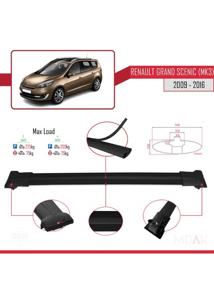 Renault Grand Scenic 3 2009-2016 Arası ile Uyumlu Fly Model Ara Atkı Tavan Barı Siyah 3 Adet modelleri