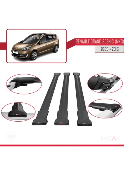 Renault Grand Scenic 3 2009-2016 Arası ile Uyumlu Fly Model Ara Atkı Tavan Barı Siyah 3 Adet fırsatları