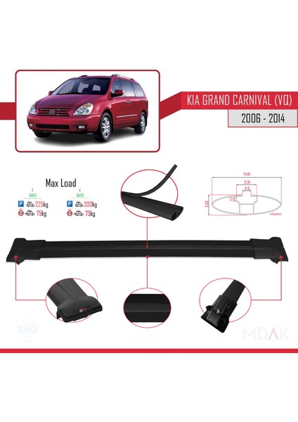 Kia Grand Carnival 2 (Vq) 2006-2014 Arası ile Uyumlu Fly Model Ara Atkı Tavan Barı Siyah 3 Adet modelleri