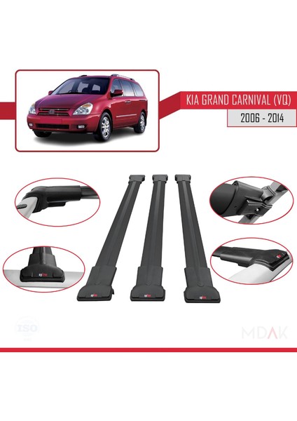 Kia Grand Carnival 2 (Vq) 2006-2014 Arası ile Uyumlu Fly Model Ara Atkı Tavan Barı Siyah 3 Adet fırsatları