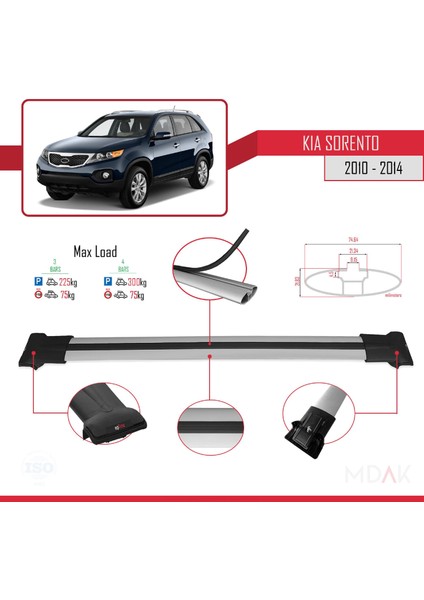 Kia Sorento 2 (Xm) 2010-2014 Arası ile Uyumlu Fly Model Ara Atkı Tavan Barı Gri 3 Adet modelleri