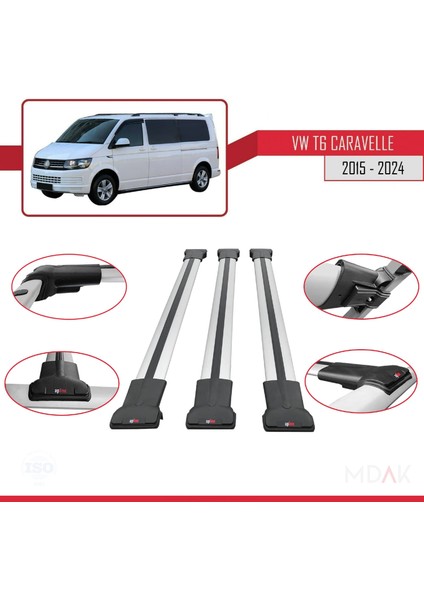 Volkswagen T6 Caravelle 2015-2024 Arası ile Uyumlu Fly Model Ara Atkı Tavan Barı Gri 3 Adet