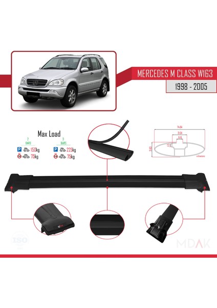 Mercedes M Class (W163) 1998-2005 Arası ile Uyumlu Fly Model Ara Atkı Tavan Barı Siyah 2 Adet modelleri