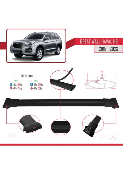 Great Wall Haval H9 2015-2023 Arası ile Uyumlu Fly Model Ara Atkı Tavan Barı Siyah 2 Adet modelleri