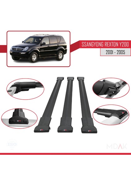 Ssangyong Rexton (Y200) 2001-2005 Arası ile Uyumlu Fly Model Ara Atkı Tavan Barı Siyah 3 Adet fırsatları