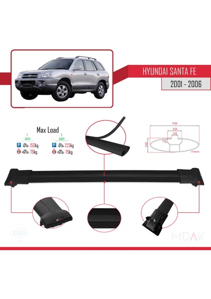 Hyundai Santa Fe (Sm) 2001-2006 Arası ile Uyumlu Fly Model Ara Atkı Tavan Barı Siyah 2 Adet modelleri