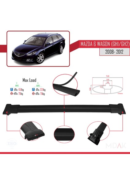 Mazda 6 Iı (Gz) Wagon 2008-2012 Arası ile Uyumlu Fly Model Ara Atkı Tavan Barı Siyah 2 Adet modelleri