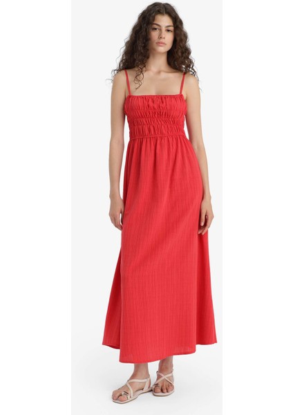 Keten Görünümlü Askılı Kırmızı Maxi Elbise C9236AX25HS