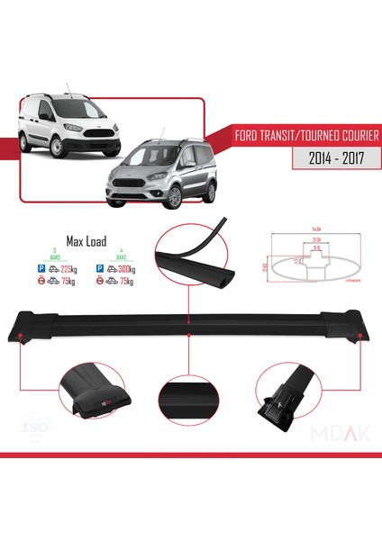 Ford Transit/tourneo Courier Pre-Facelift 2014-2017 Arası ile Uyumlu Fly Model Ara Atkı Tavan Barı Siyah 4 Adet modelleri