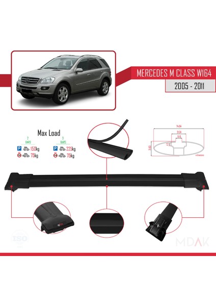 Mercedes M Class 2 (W164) 2005-2011 Arası ile Uyumlu Fly Model Ara Atkı Tavan Barı Siyah 2 Adet modelleri