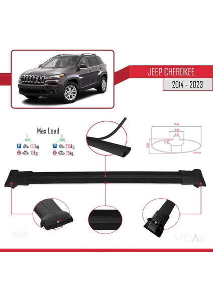 Jeep Cherokee 5 (Kl) 2014-2023 Arası ile Uyumlu Fly Model Ara Atkı Tavan Barı Siyah 2 Adet modelleri