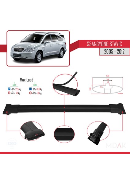 Ssangyong Stavic 2005-2012 Arası ile Uyumlu Fly Model Ara Atkı Tavan Barı Siyah 3 Adet modelleri