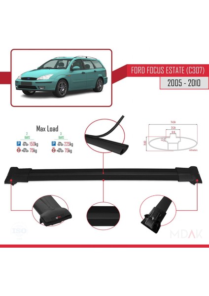 Ford Focus 2 (C307) Sw 2005-2010 Arası ile Uyumlu Fly Model Ara Atkı Tavan Barı Siyah 2 Adet modelleri