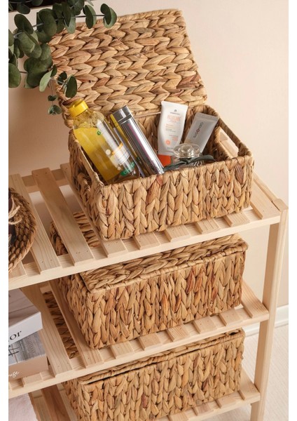 Nicoletta - 3 Lü Hasır Kapaklı Dikdörtgen Organizer Çok Amaçlı Sepet Seti modelleri