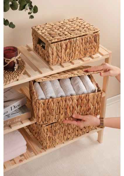 Nicoletta - 3 Lü Hasır Kapaklı Dikdörtgen Organizer Çok Amaçlı Sepet Seti