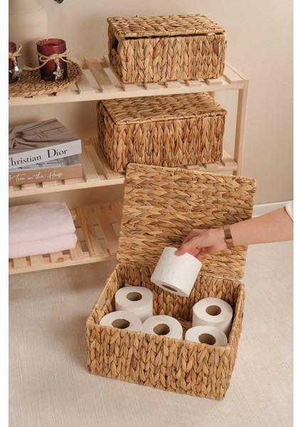 Nicoletta - 3 Lü Hasır Kapaklı Dikdörtgen Organizer Çok Amaçlı Sepet Seti fırsatları