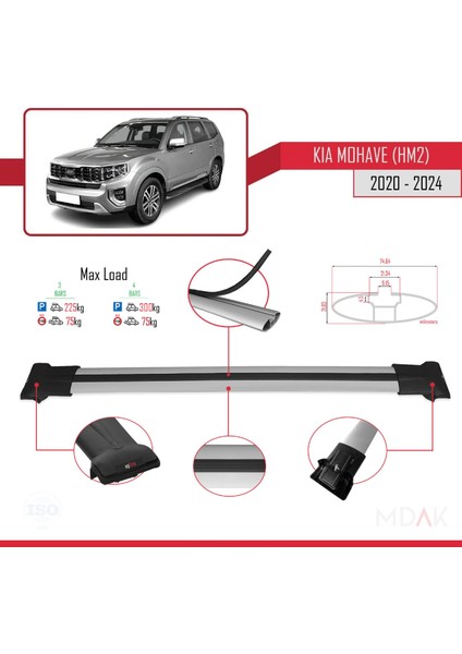 Kia Mohave 2 (Hm2) 2020-2024 Arası ile Uyumlu Fly Model Ara Atkı Tavan Barı Gri 3 Adet