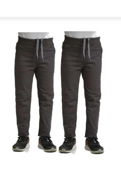 Unisex 2li Çocuk Rahat Kalıp Ribana Bel Canvas Keten Okul Pantolonu 2 Adet