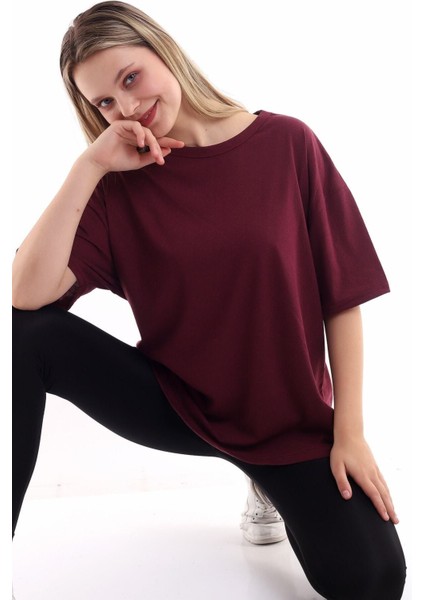 Unisex Pamuk Bisiklet Yaka Bordo Boyfriend Örme Oversize T-Shirt