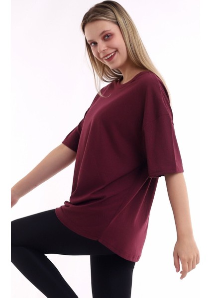Unisex Pamuk Bisiklet Yaka Bordo Boyfriend Örme Oversize T-Shirt fiyatları