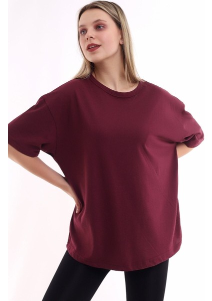 Unisex Pamuk Bisiklet Yaka Bordo Boyfriend Örme Oversize T-Shirt modelleri