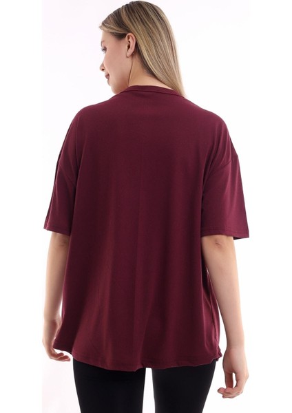 Unisex Pamuk Bisiklet Yaka Bordo Boyfriend Örme Oversize T-Shirt fırsatları