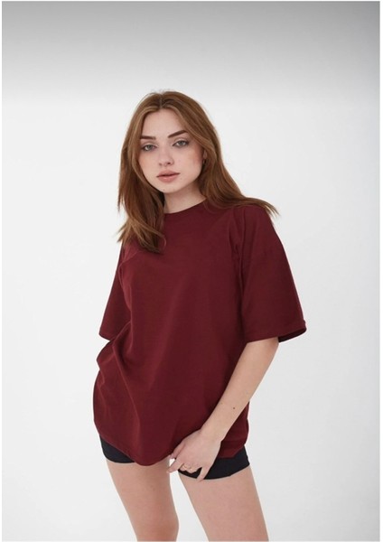 Unisex Bordo Bisiklet Yaka Pamuk Oversize Boyfriend T-Shirt