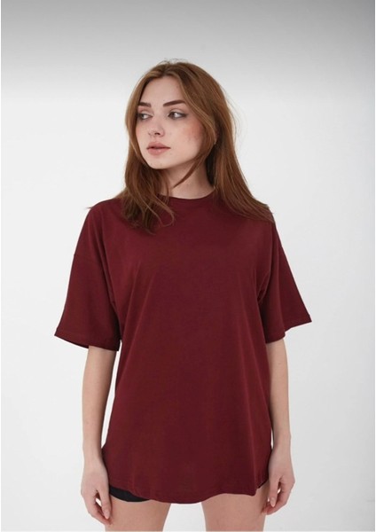 Unisex Bordo Bisiklet Yaka Pamuk Oversize Boyfriend T-Shirt fiyatları