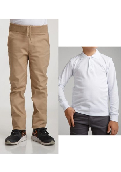 Unisex Çocuk Ribana Bel Keten Bej Okul Pantolonu + Polo Yaka Uzun Kol T-Shirt