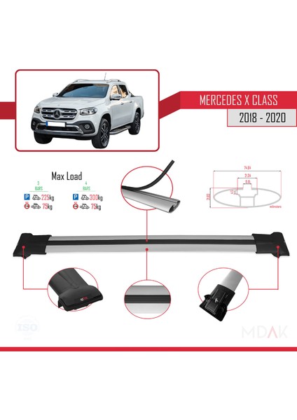 Mercedes x Class (470) 2018-2020 Arası ile Uyumlu Fly Model Ara Atkı Tavan Barı Gri 3 Adet modelleri