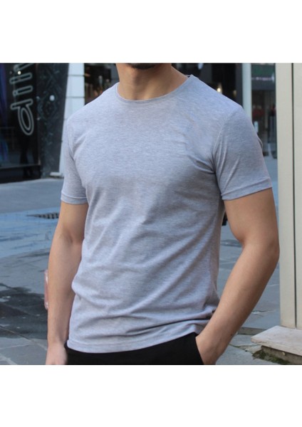 Erkek Gri Bisiklet Yaka Slim Fit T-Shirt