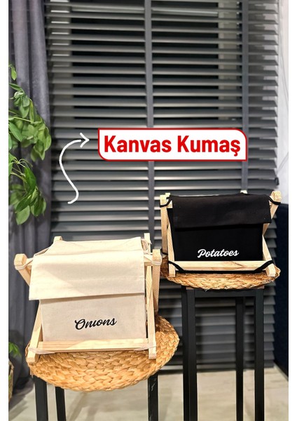 Patates Soğanlık 2'li Set - Patates Soğan Sepeti - Ahşap & Kanvas, 6 kg Kapasiteli, Siyah& Krem