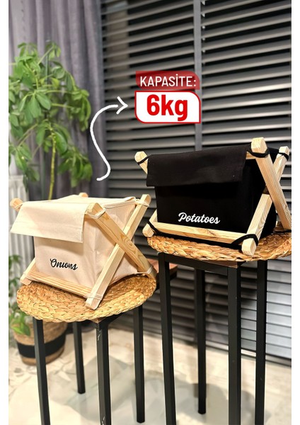 Patates Soğanlık 2'li Set - Patates Soğan Sepeti - Ahşap & Kanvas, 6 kg Kapasiteli, Siyah& Krem