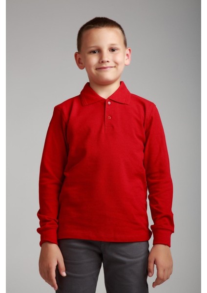 Unısex Çocuk Uzun Kol Normal Kalıp Polo Yaka Düz Renk Okul Penye T-Shırt