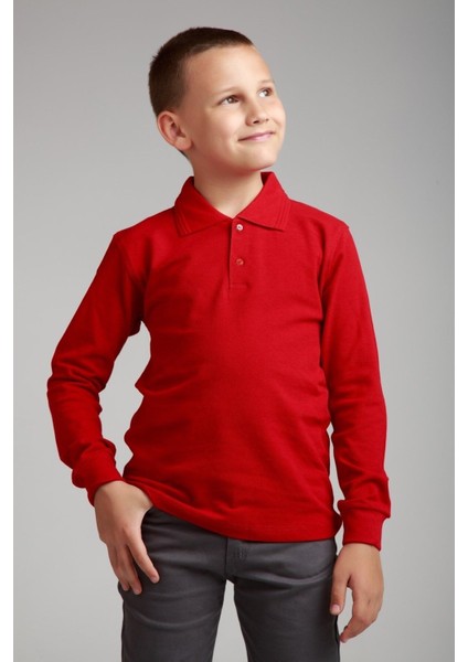 Unısex Çocuk Uzun Kol Normal Kalıp Polo Yaka Düz Renk Okul Penye T-Shırt fiyatları