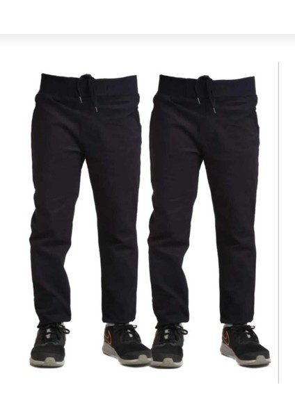 Unisex 2li Çocuk Rahat Kalıp Ribana Bel Canvas Keten Okul Pantolonu 2 Adet