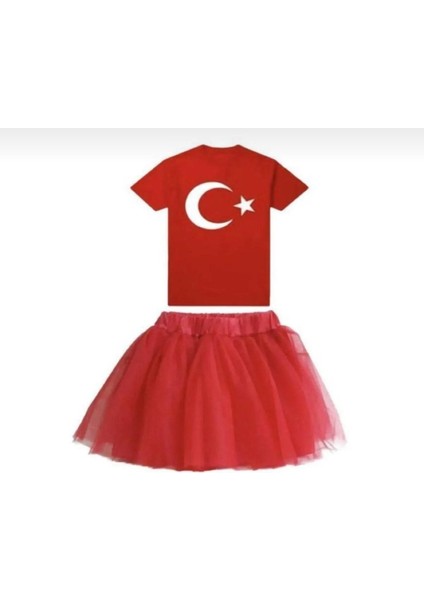 Kız Çocuk Kısa Kol Atatürk Baskılı T-Shırt Tütü Etek Takım Okul Gösteri 23 Nisan 29 Ekim 10 Kasım