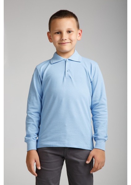 Unısex Çocuk Uzun Kol Normal Kalıp Polo Yaka Düz Renk Okul Penye T-Shırt
